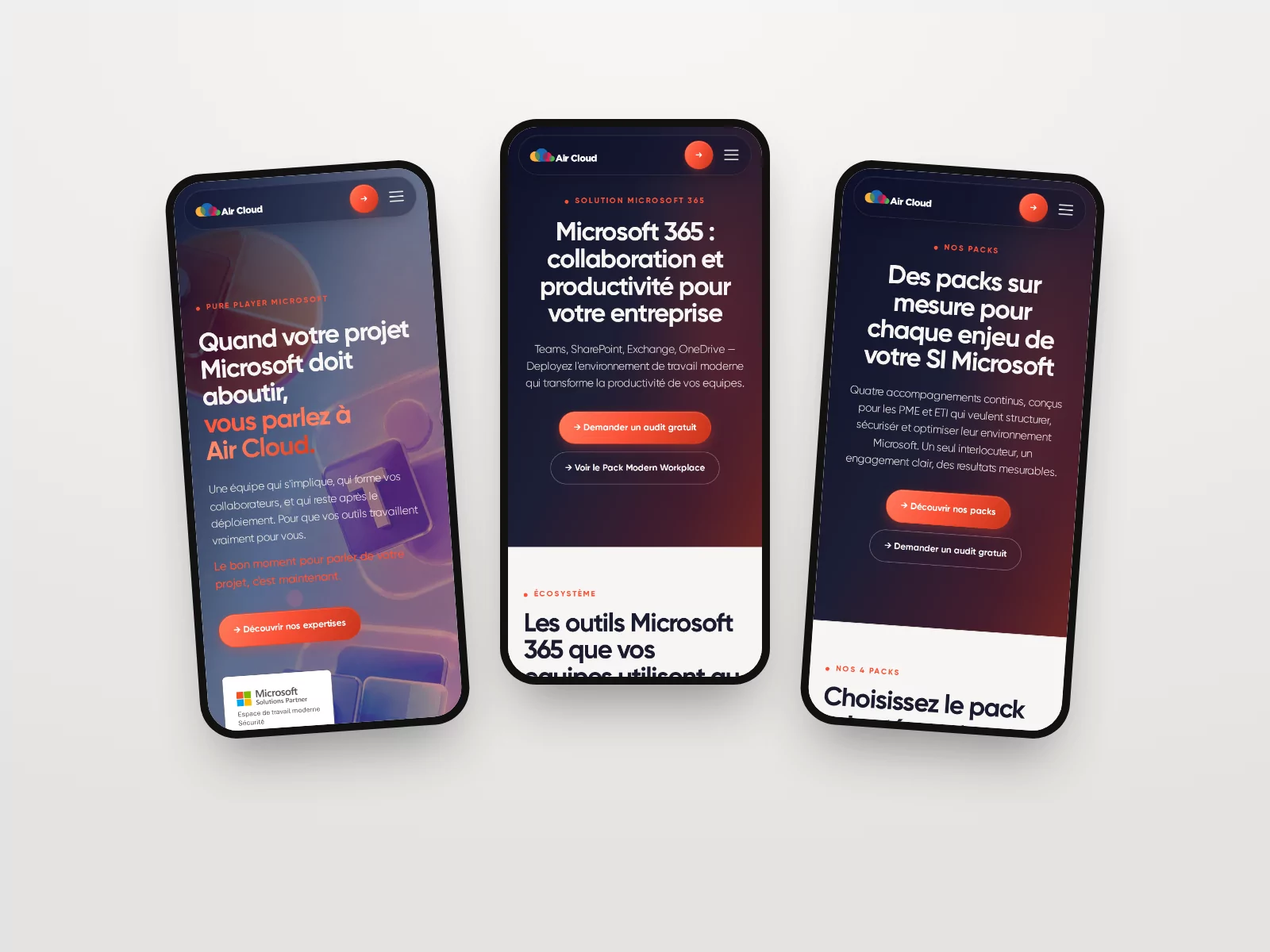 Accueil, Microsoft 365 et packs du site Air Cloud sur téléphone, version 2026