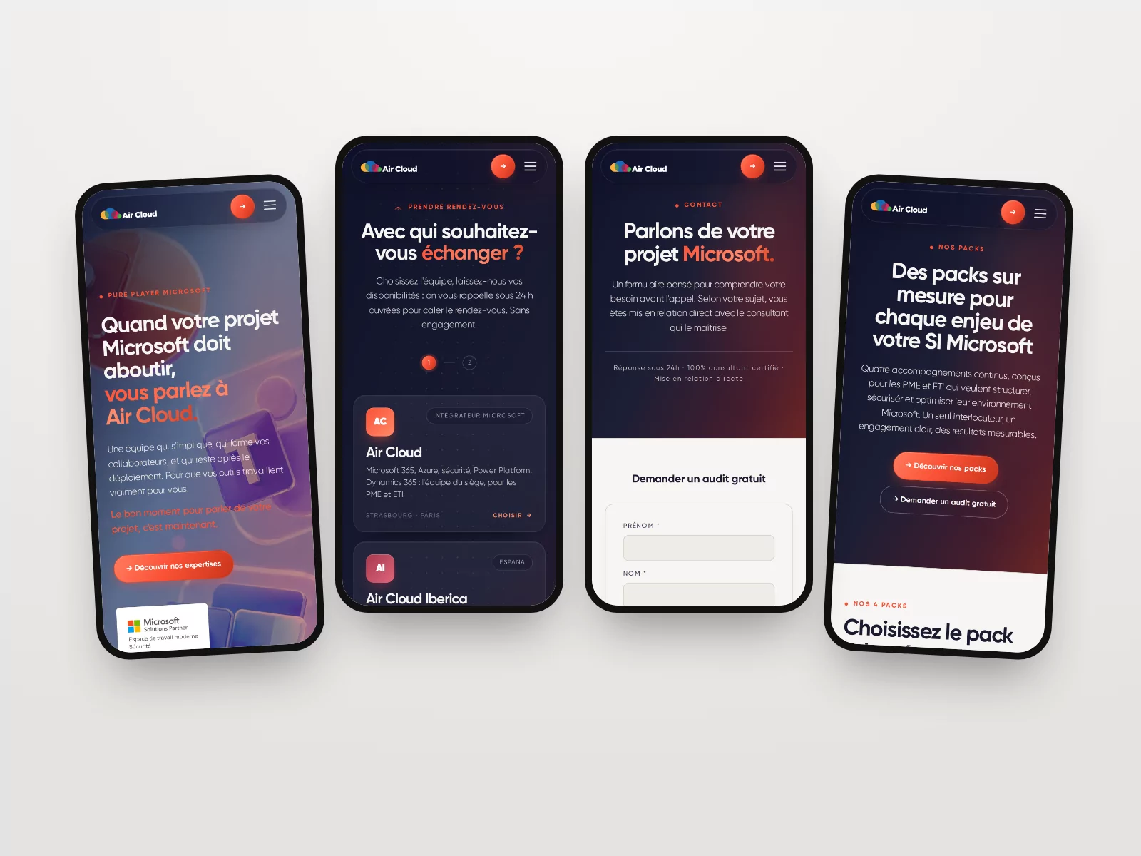 Accueil, prise de rendez-vous, contact et packs du site Air Cloud sur téléphone, version 2026