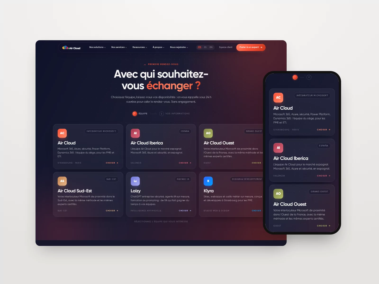 Page de prise de rendez-vous du site Air Cloud, avec le choix de l’équipe, sur ordinateur et téléphone, version 2026