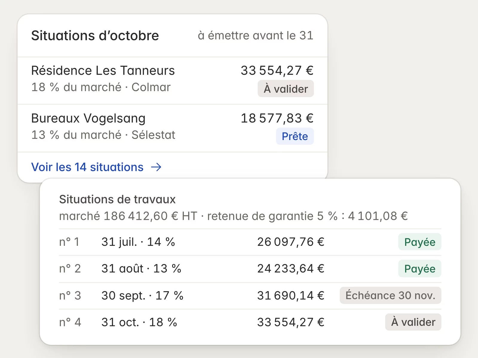 Les situations d'octobre à émettre, et les situations de travaux d'un chantier avec sa retenue de garantie