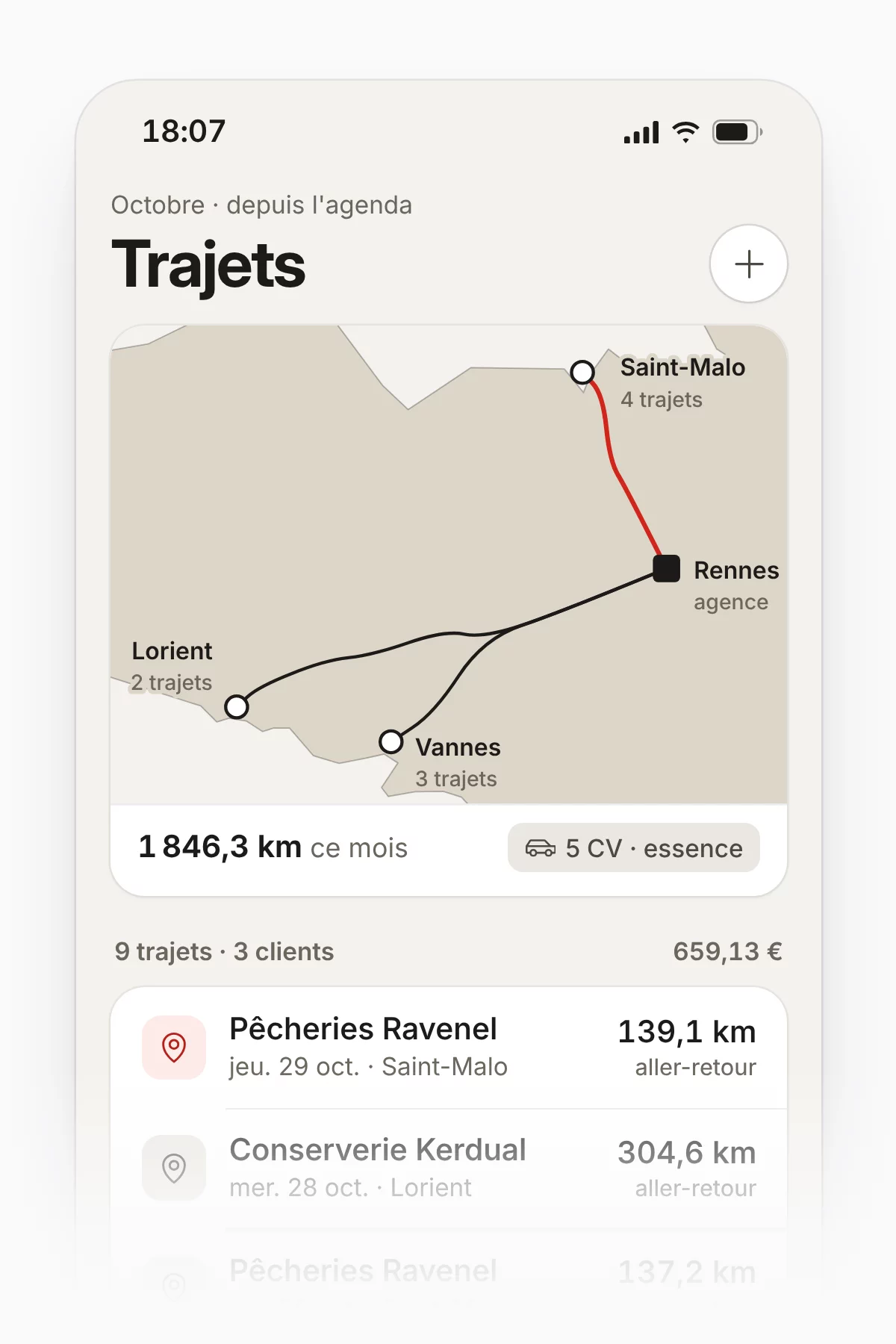 Les trajets d'octobre, venus de l'agenda : la carte de Rennes vers Saint-Malo, Vannes et Lorient, 1 846,3 km ce mois et le trajet du jour en tête de liste