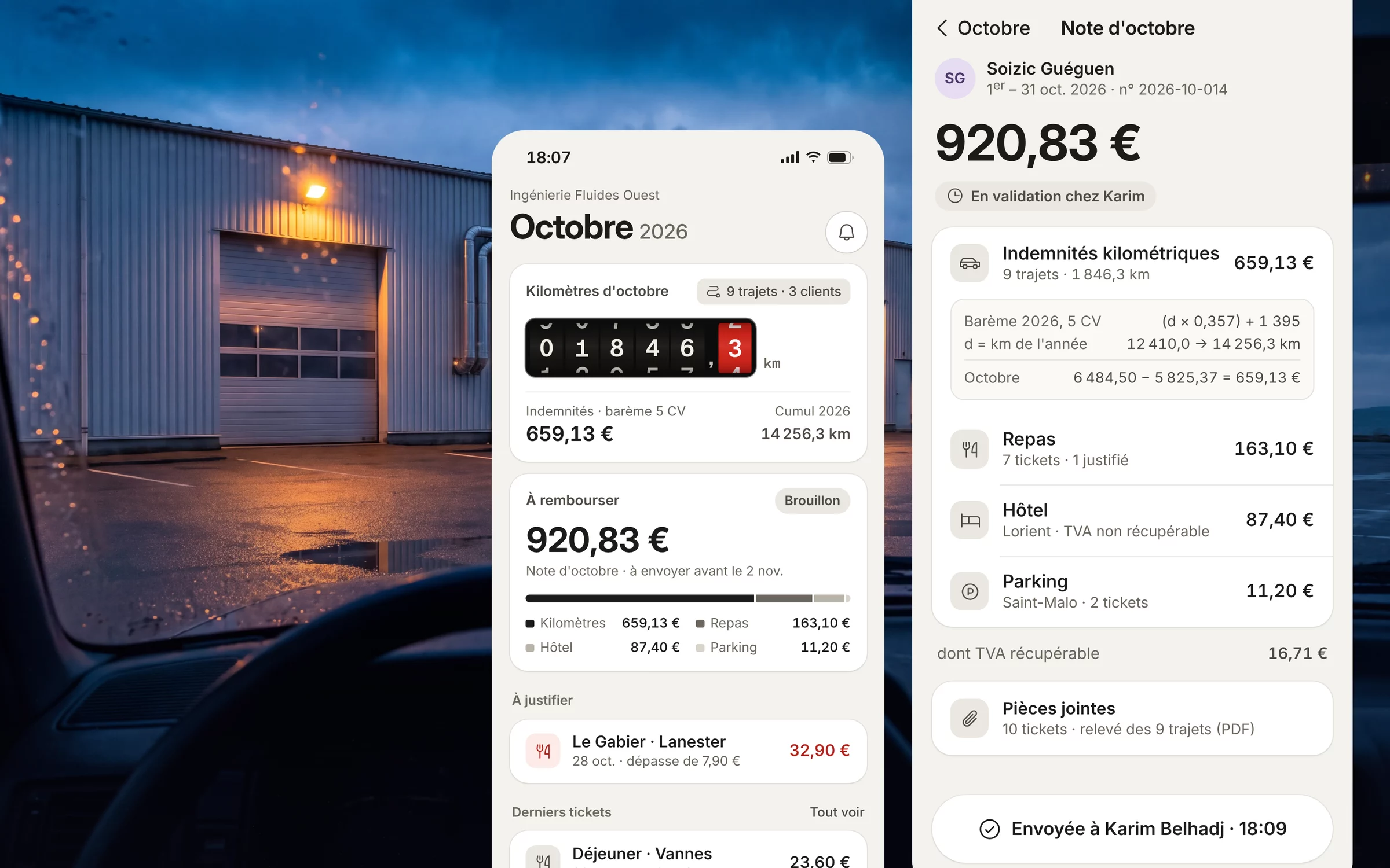 Barème sur deux écrans, jeudi 29 octobre : le mois d'octobre avec le compteur à 1 846,3 km, 659,13 € d'indemnités et 920,83 € à rembourser, puis la note d'octobre envoyée au manager à 18 h 09