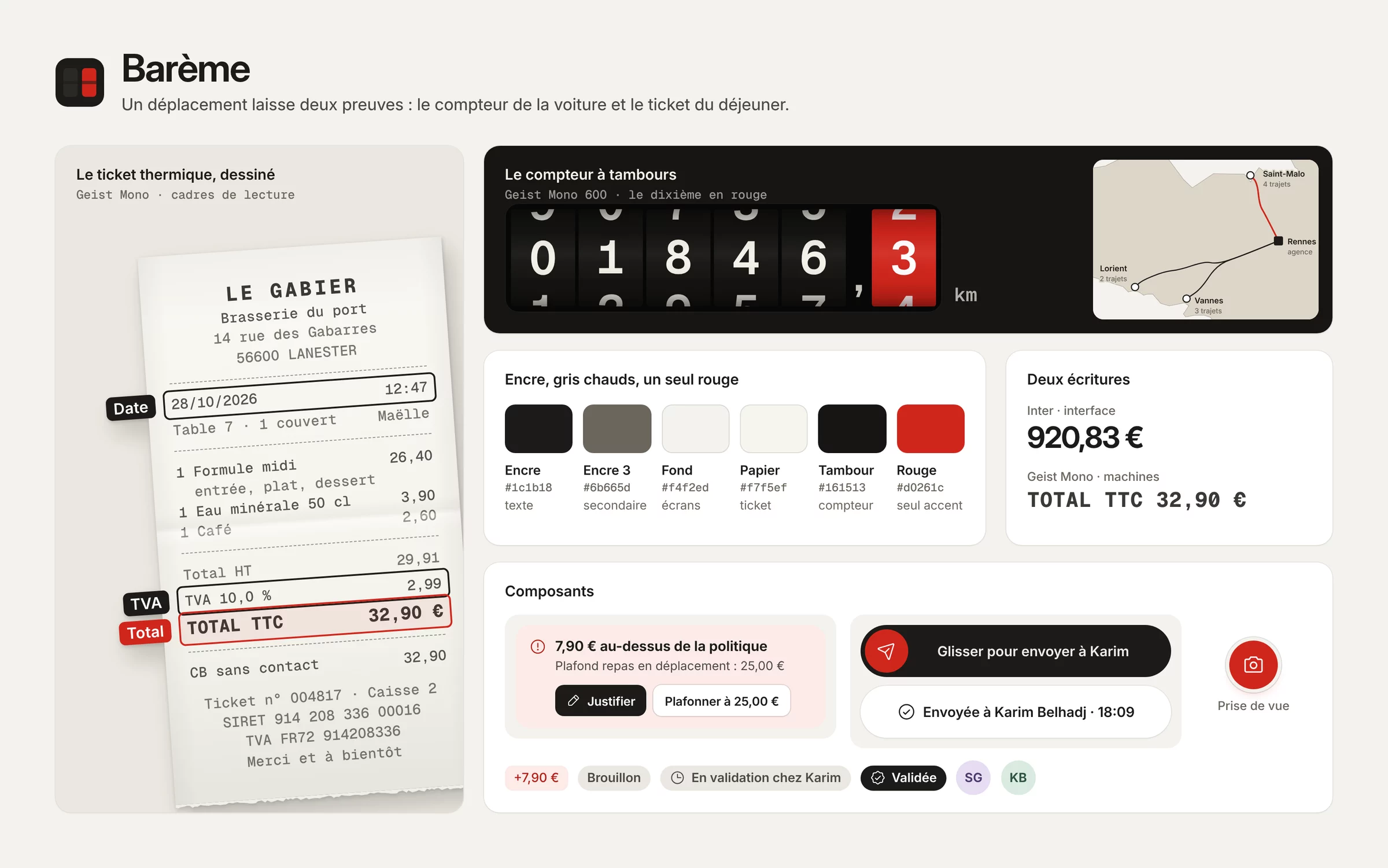 L'identité de Barème : le compteur à tambours et son dixième rouge, le ticket thermique, les gris chauds, Inter, Geist Mono et les composants