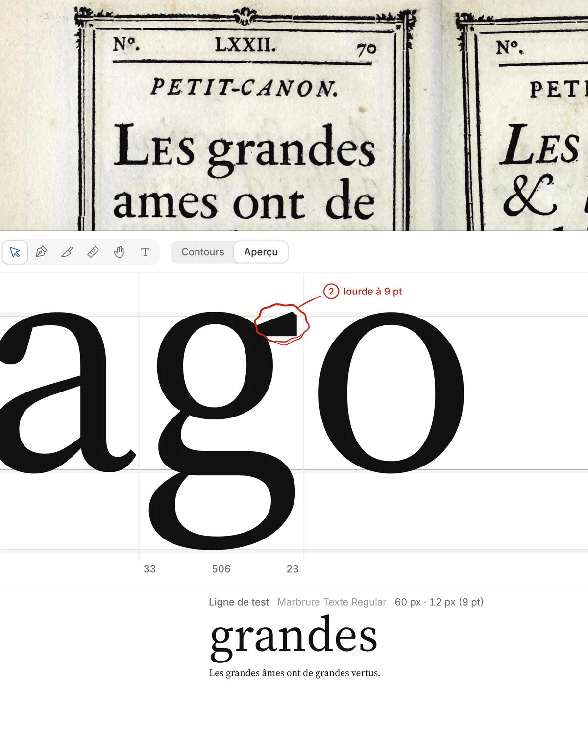 L'aperçu : « ago » en noir plein, l'oreille du « g » entourée « lourde à 9 pt », puis le mot « grandes » et la phrase de test à 12 px