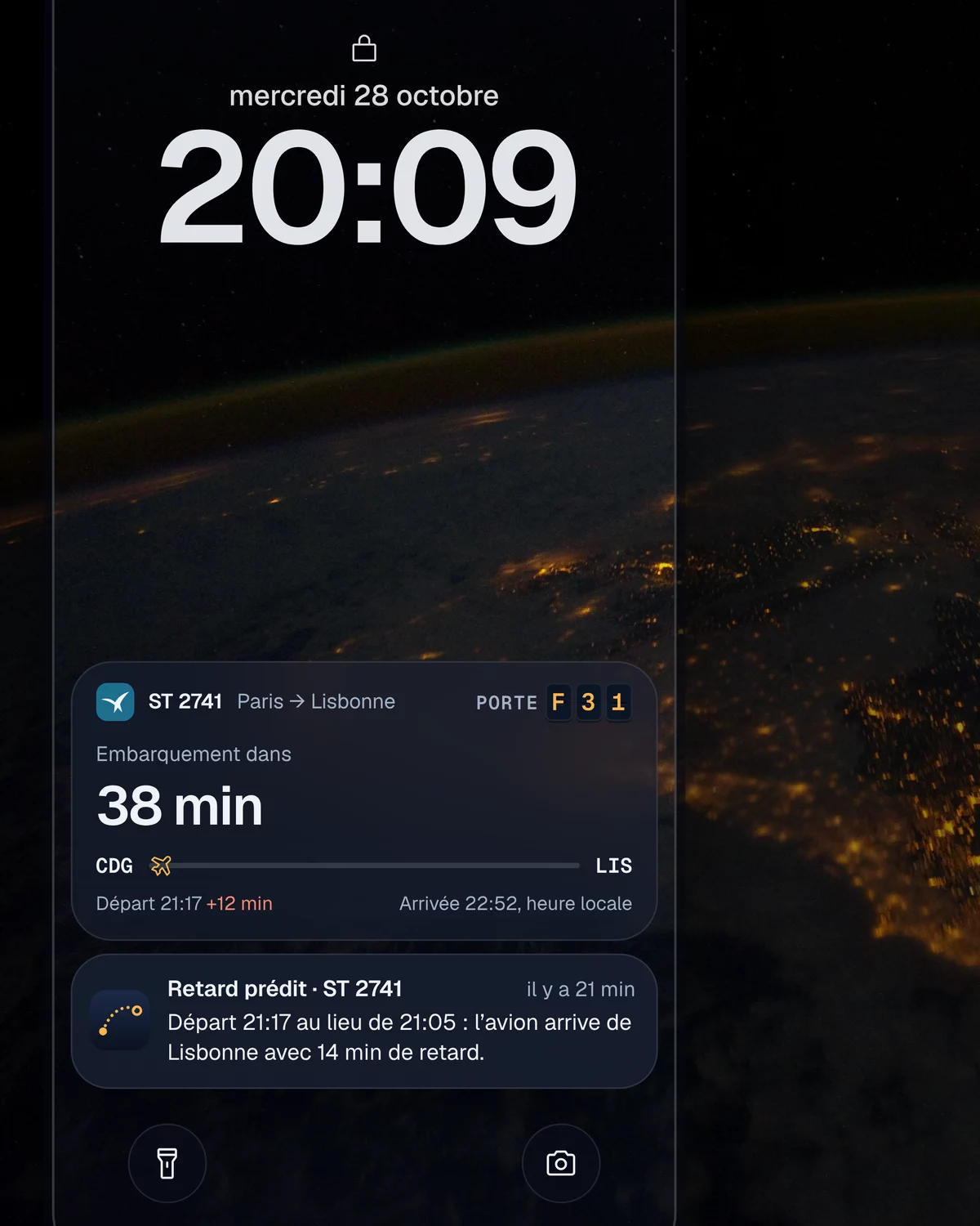 Le suivi du vol sur l'écran verrouillé, avec la notification de retard