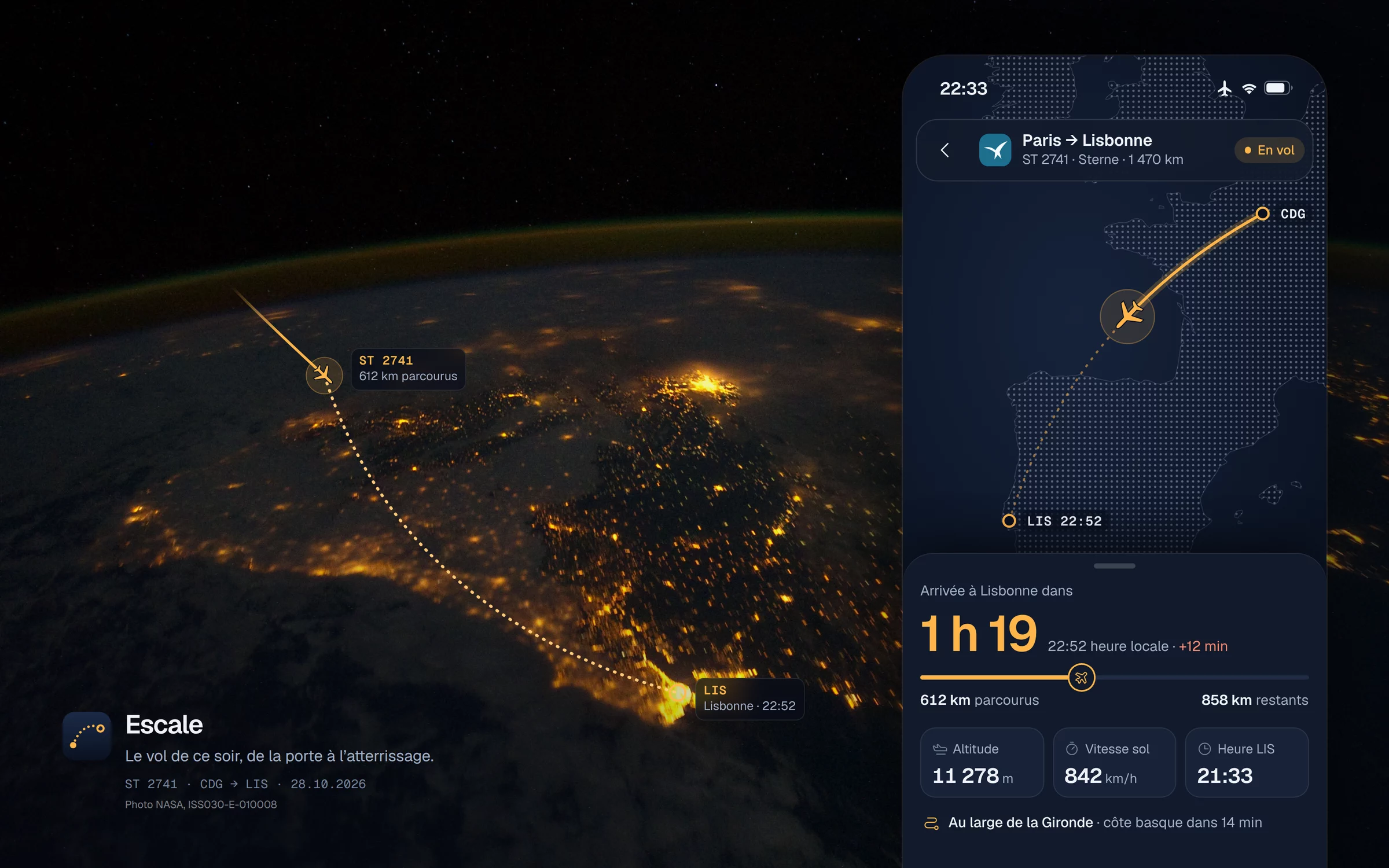 Escale sur la photo de l'Europe de nuit, la route du vol tracée jusqu'à Lisbonne (photo : NASA)