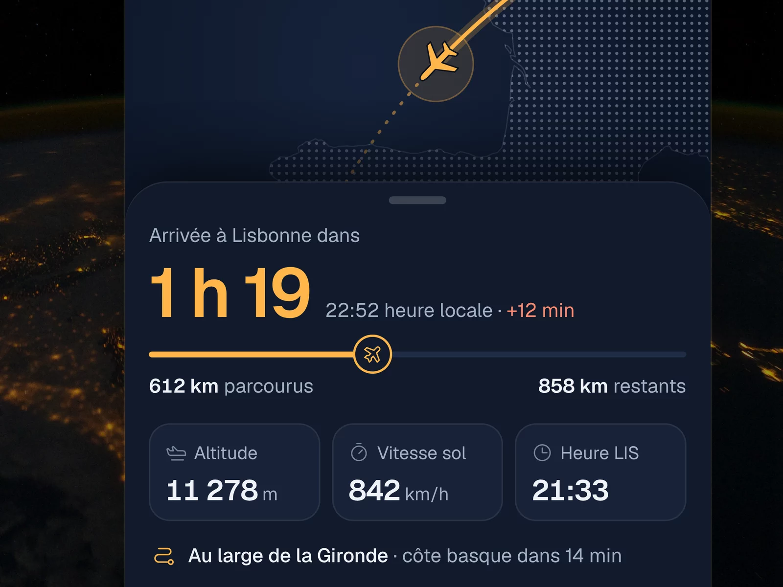 L'écran « En vol » : l'avion sur sa route et l'heure d'arrivée