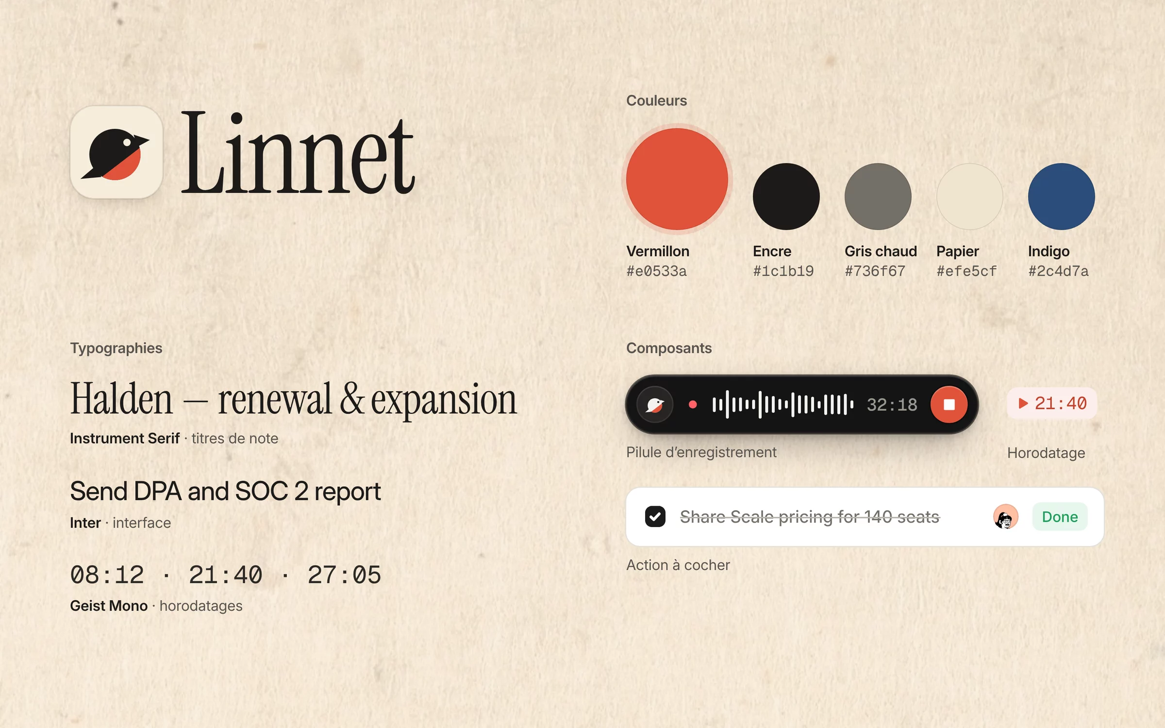 L'identité de Linnet : logo, couleurs, typographies, pilule, horodatage et action cochée