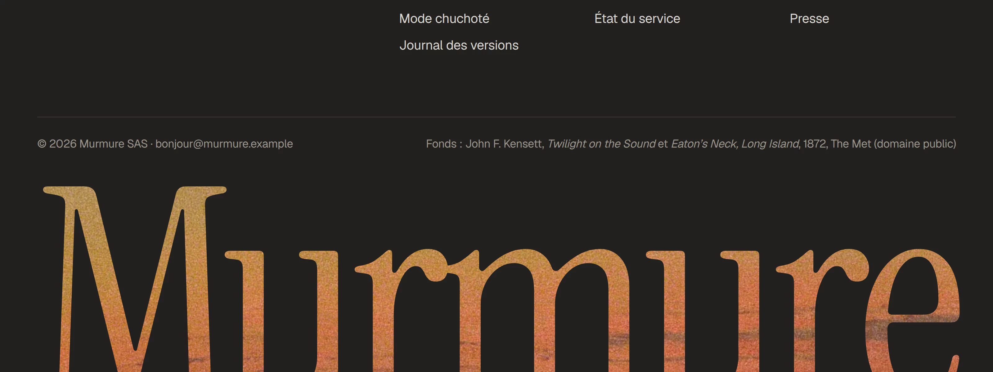 Le pied de page de Murmure, son logotype géant rempli par le ciel de Kensett