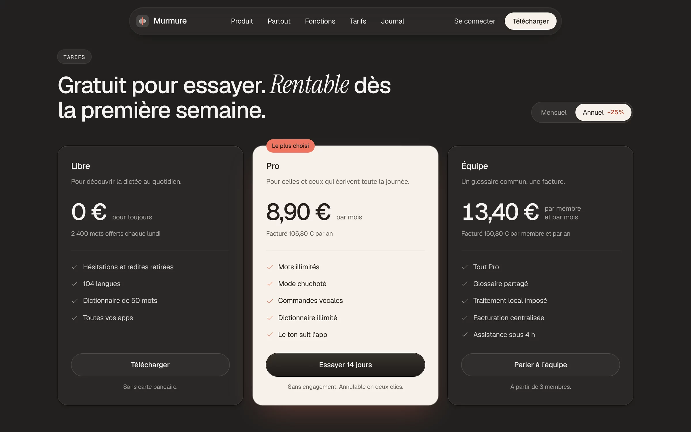 La section tarifs sur fond sombre, avec la bascule mensuel ou annuel