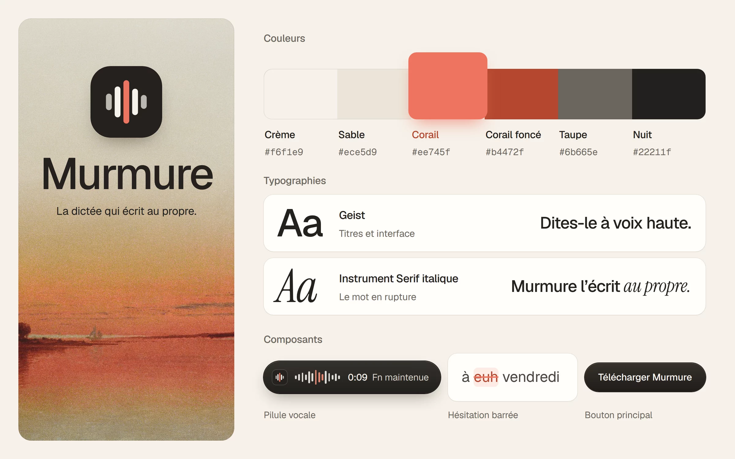 L'identité de Murmure : logo, couleurs de la crème à la nuit, typographies et composants