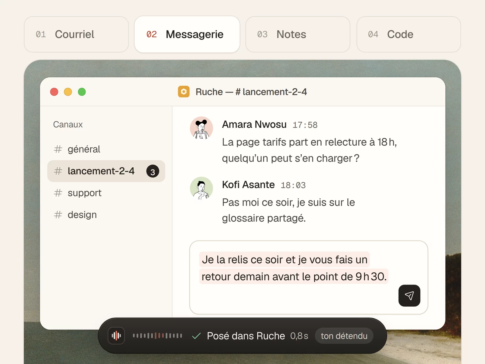 Les onglets par usage, ici la messagerie
