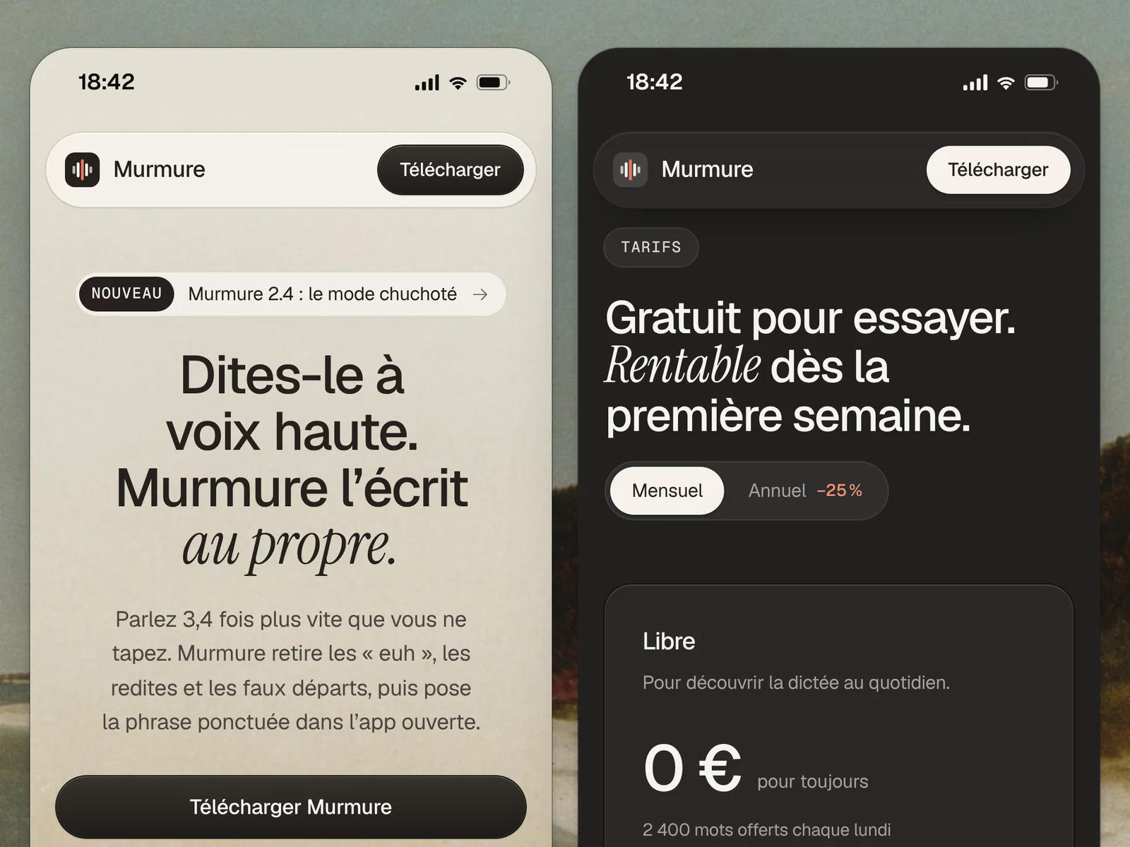 La landing de Murmure sur mobile