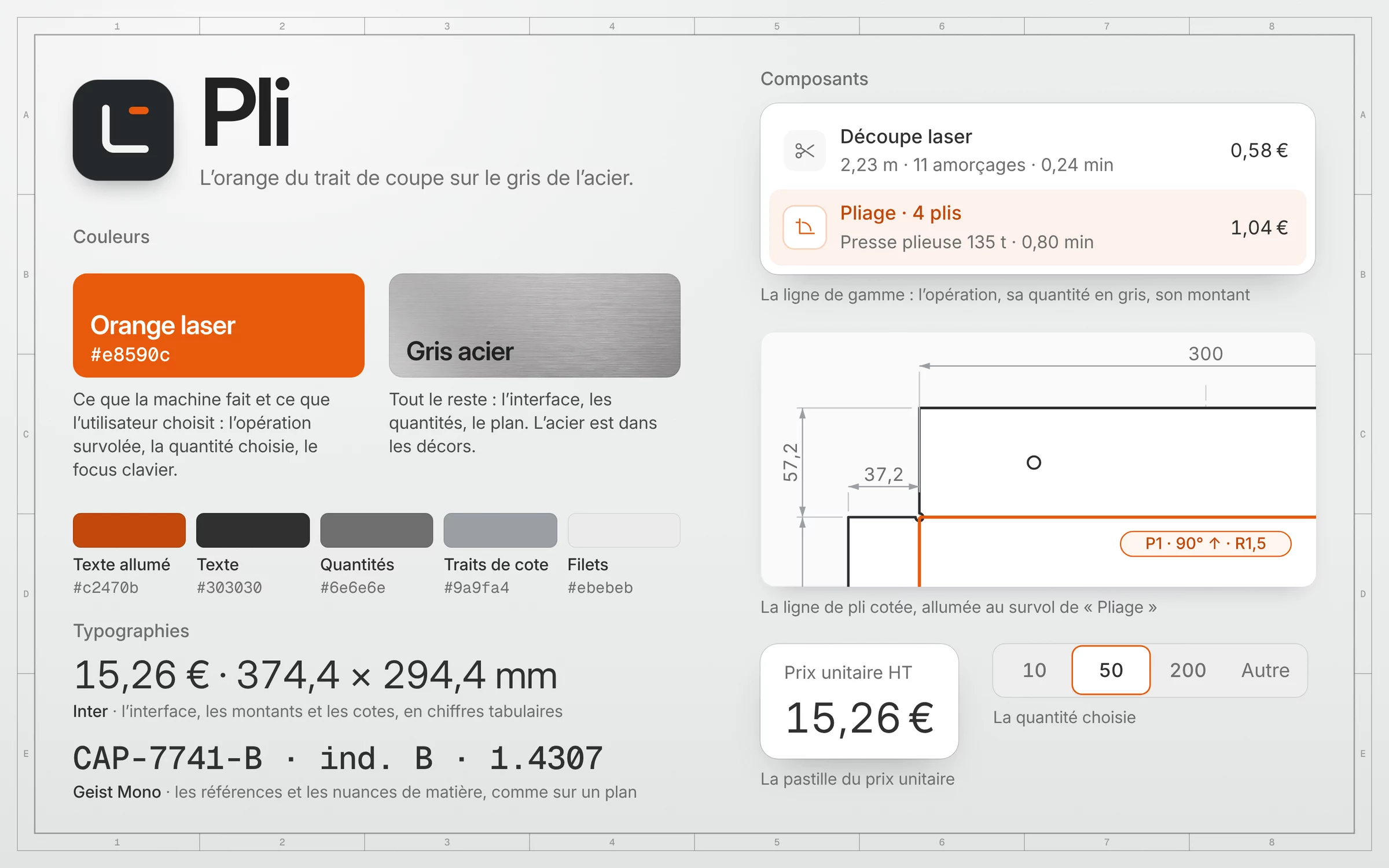 L'identité de Pli : l'orange du laser, le gris de l'acier, Inter, Geist Mono et les composants