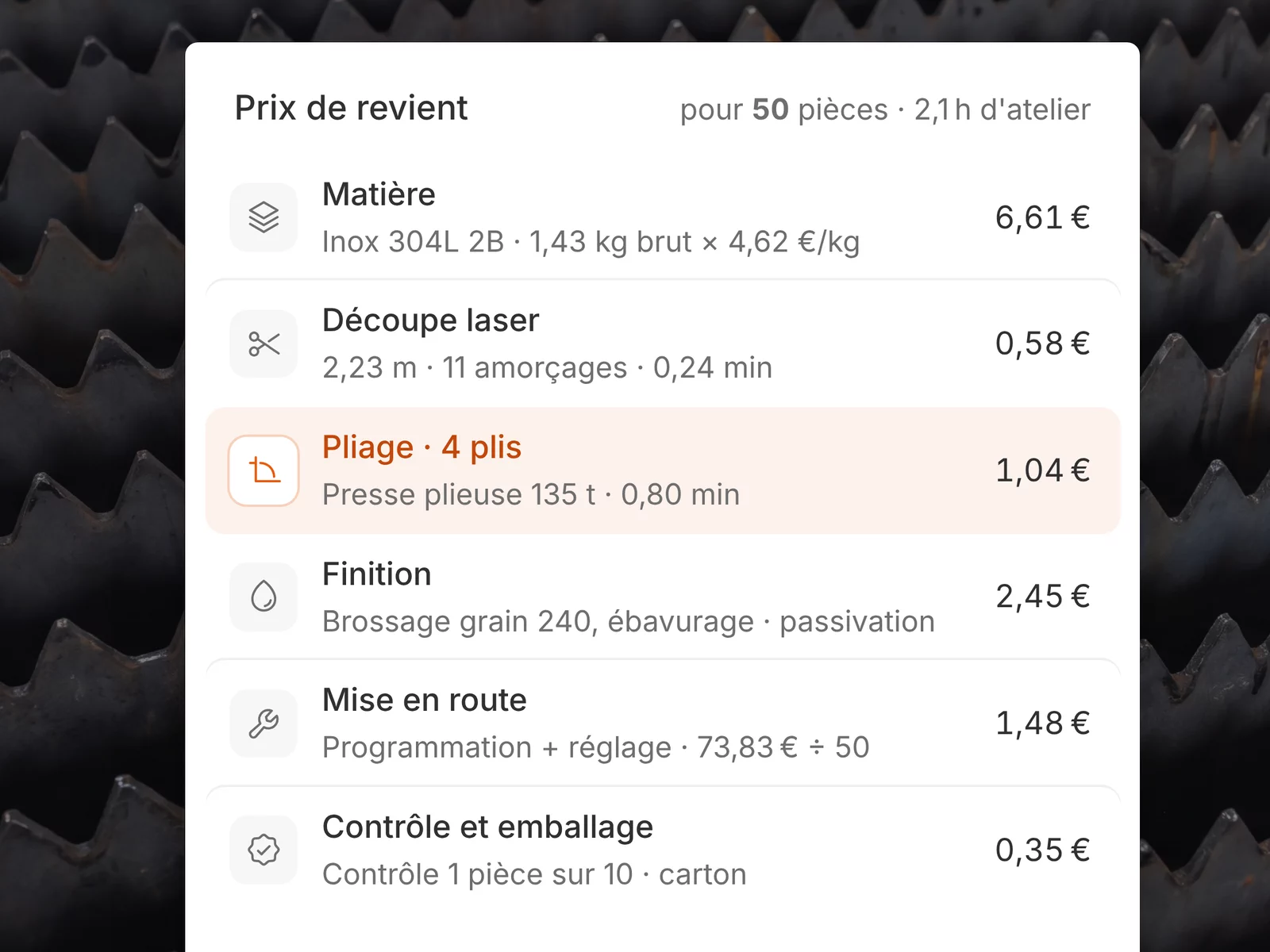 Le prix de revient ligne à ligne, avec le pliage survolé