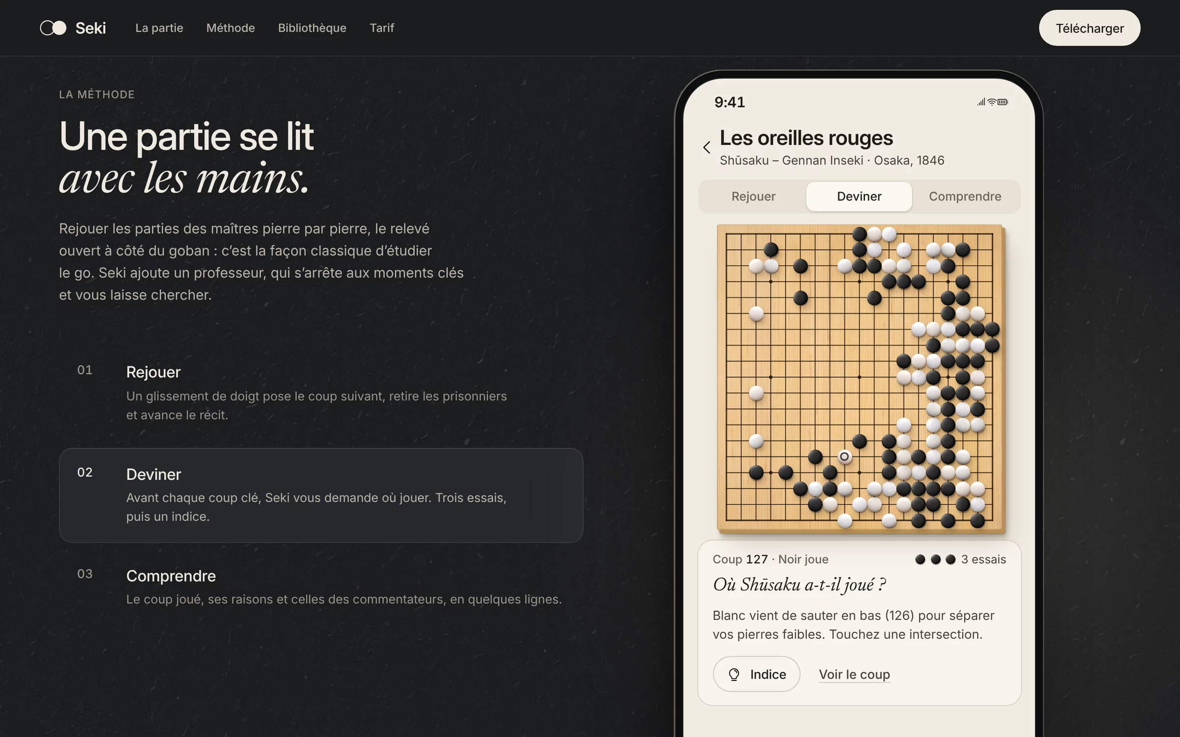 La méthode de Seki en trois étapes, Rejouer, Deviner, Comprendre, et l'écran de l'app sur Deviner : la position avant le coup 127 et la question « Où Shūsaku a-t-il joué ? »