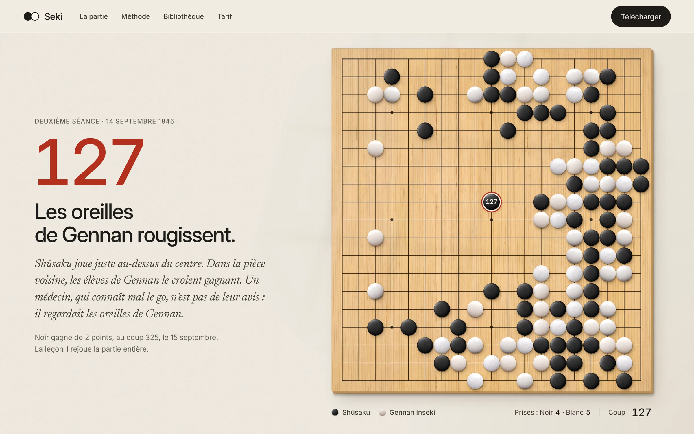 La page de Seki au coup 127 : le chiffre en rouge, le titre « Les oreilles de Gennan rougissent », le récit en italique, et le goban avec la pierre 127 cerclée de rouge