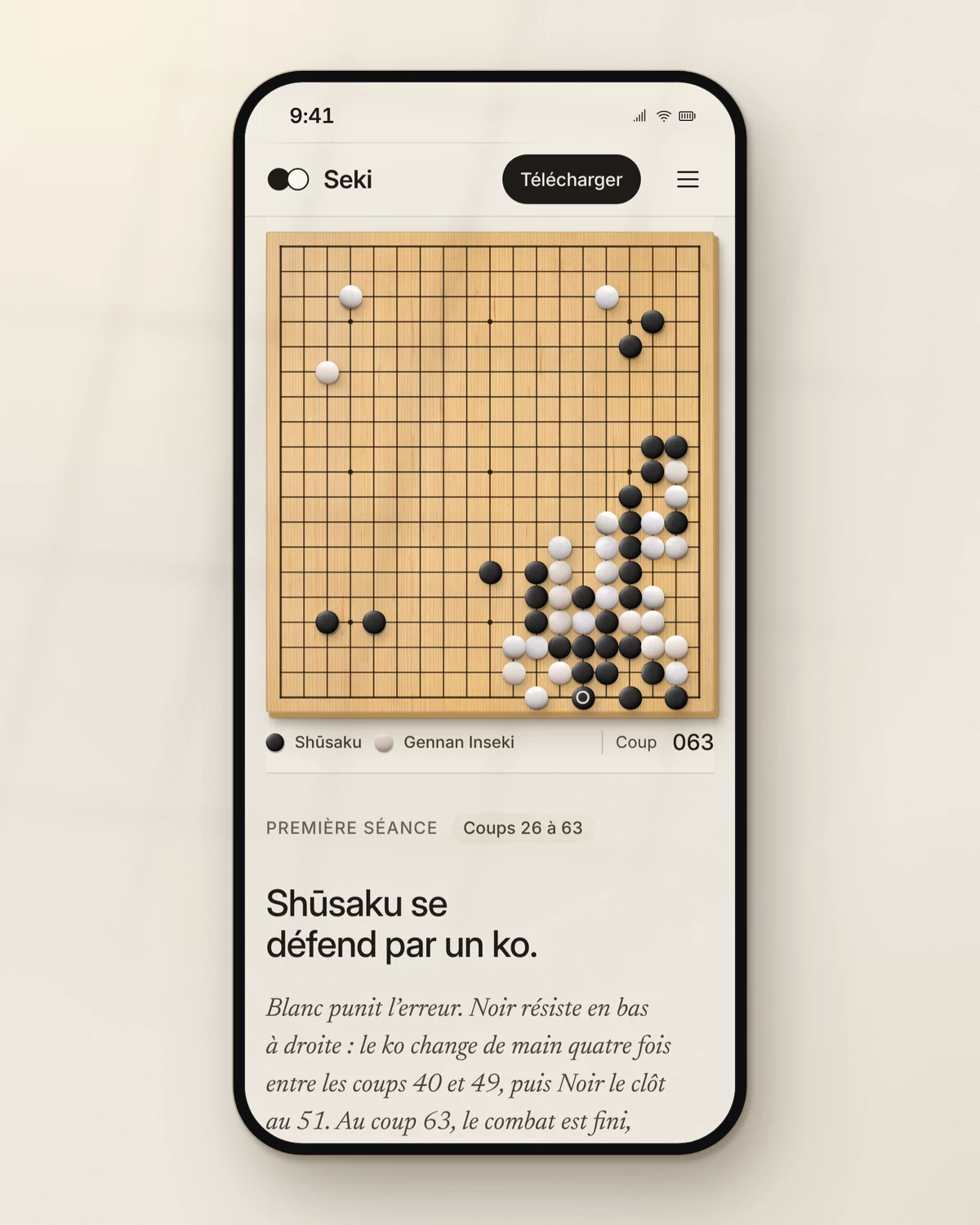 La page de Seki sur téléphone, au chapitre du ko : le goban fixé en haut de l'écran au coup 63, et le récit du chapitre dessous