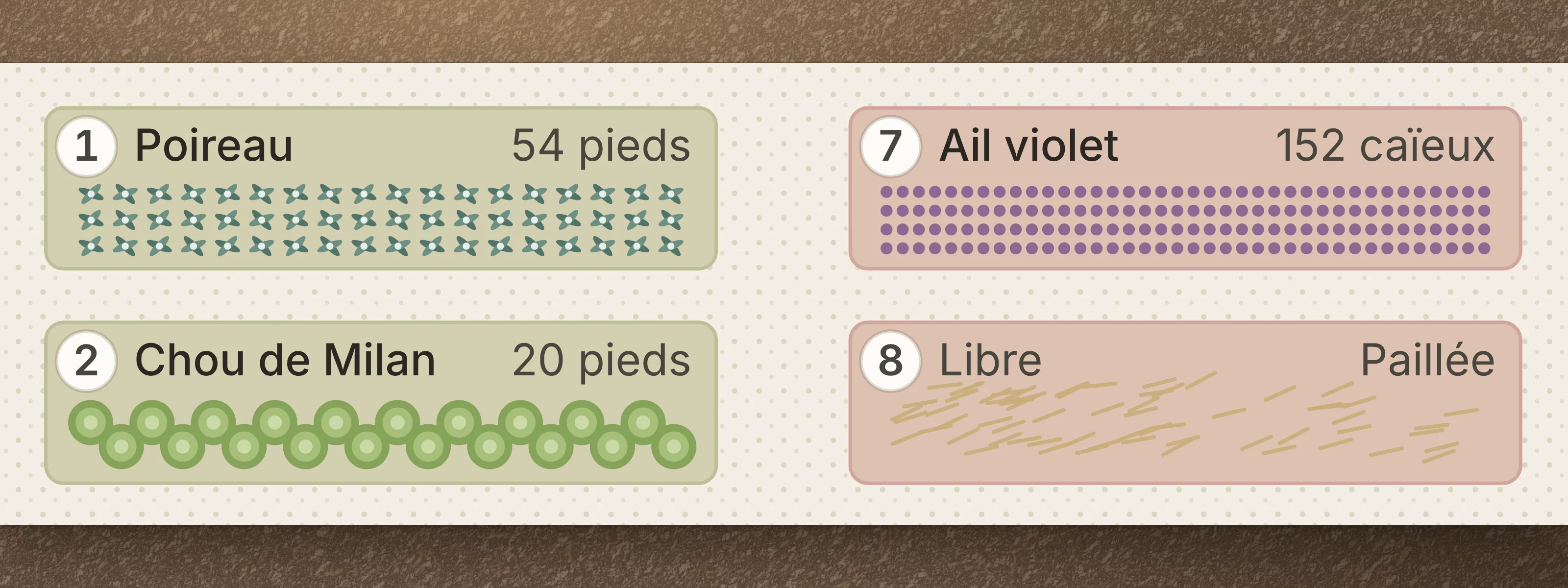 Le plan à l'échelle : poireaux, choux et ail sur les planches 1, 2, 7 et 8
