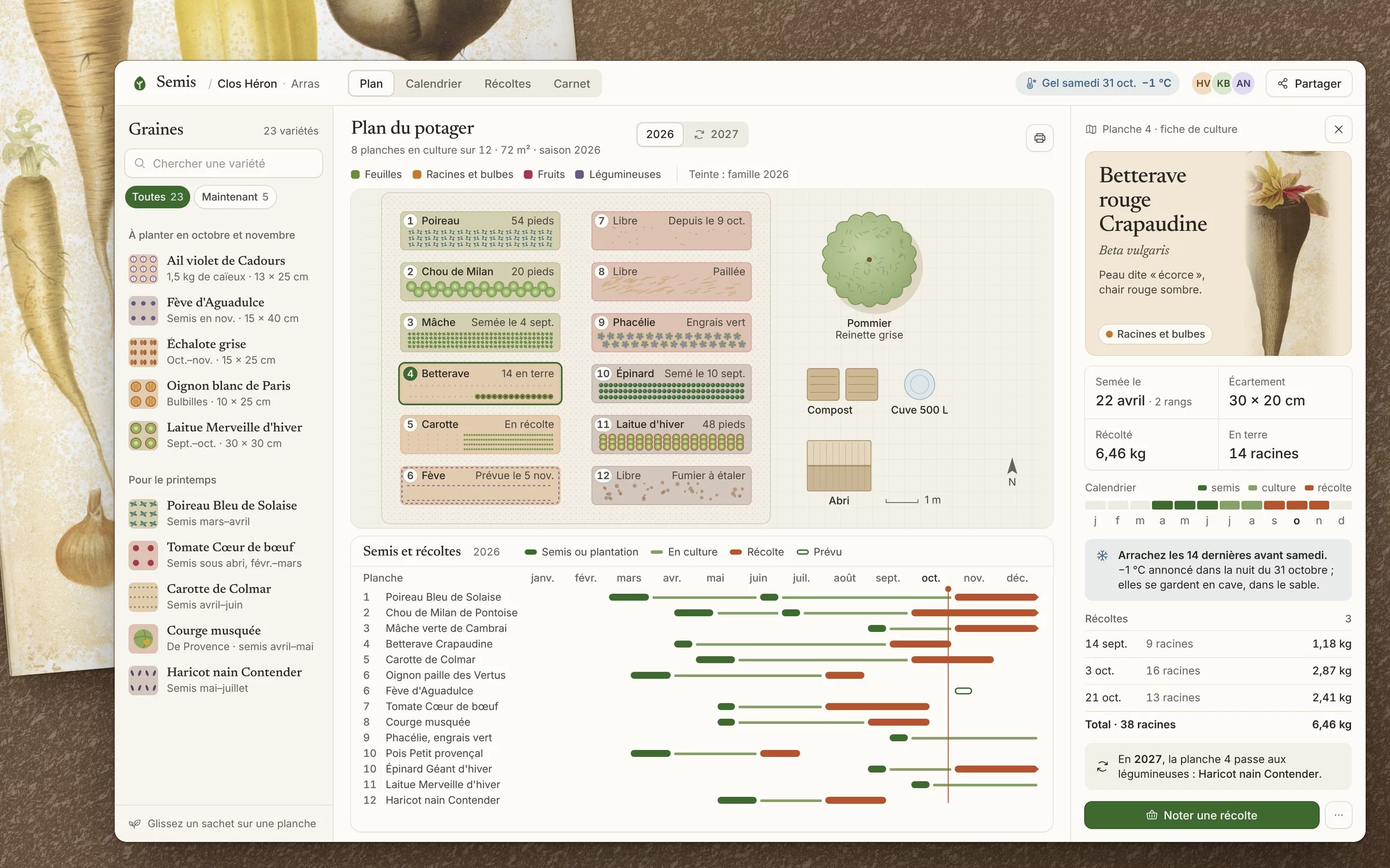 Semis en vue d'ensemble : catalogue, plan du potager, calendrier et fiche de culture