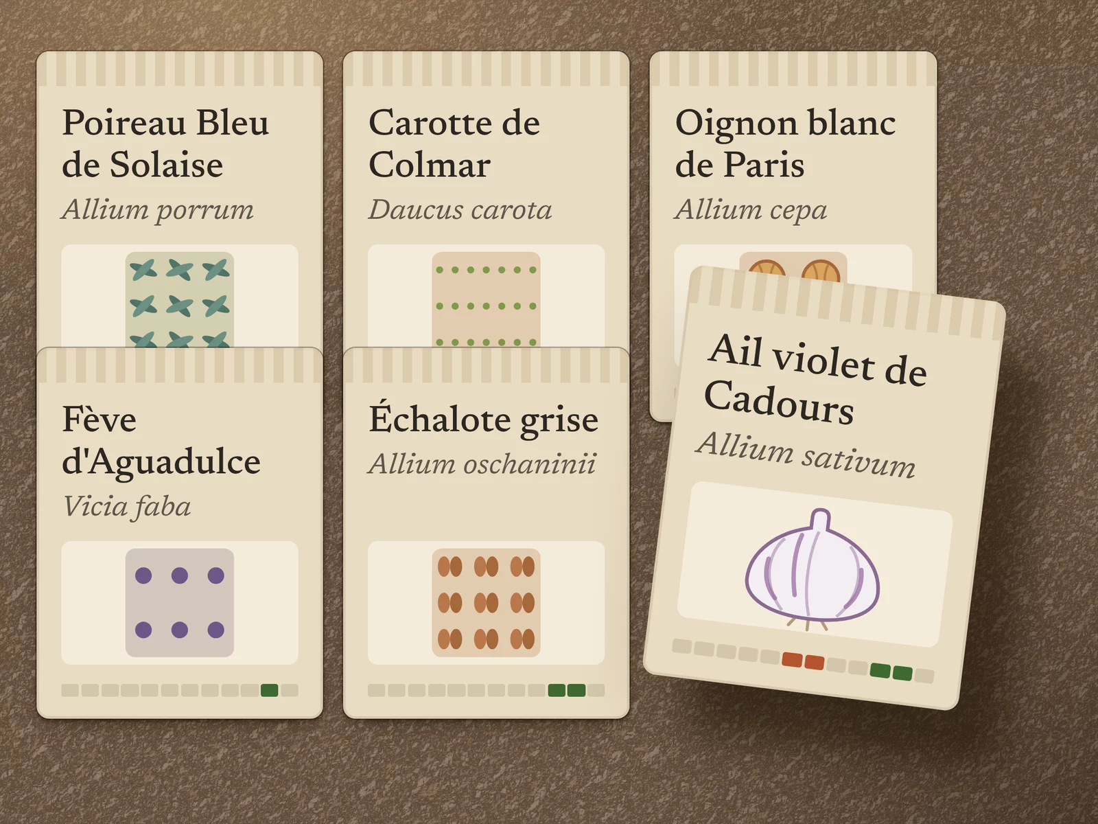 Le catalogue : les sachets de graines, nom commun et nom latin, et le sachet d'ail qu'on sort