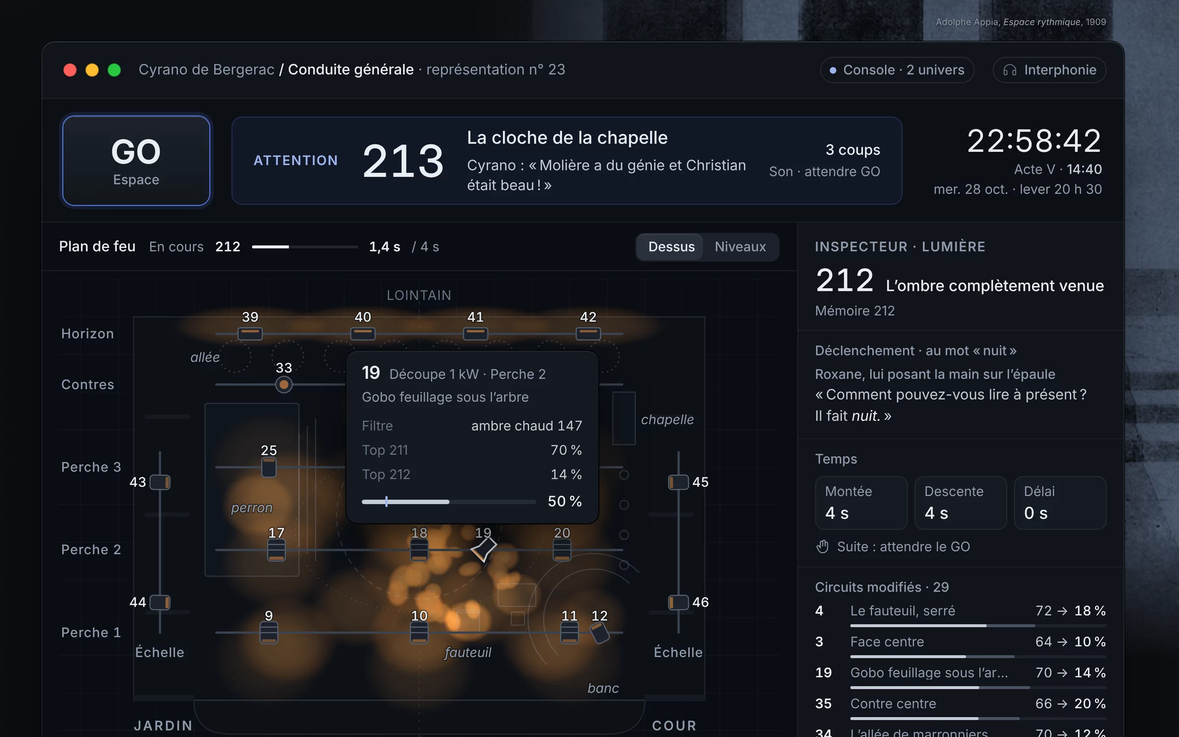 Le plan de feu pendant la descente du top 212 : la fiche du gobo feuillage, de 70 à 14 %, et l'inspecteur avec la réplique et les circuits qui changent