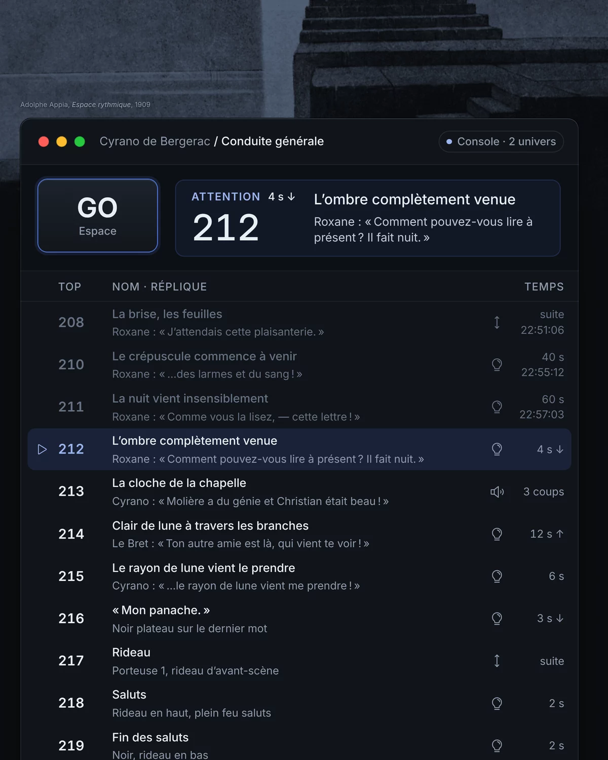 Gros plan sur le GO et la conduite : le top 212 en attente, sa réplique et ses 4 secondes de descente, les tops joués avec leur heure de départ, puis ceux qui suivent jusqu'aux saluts