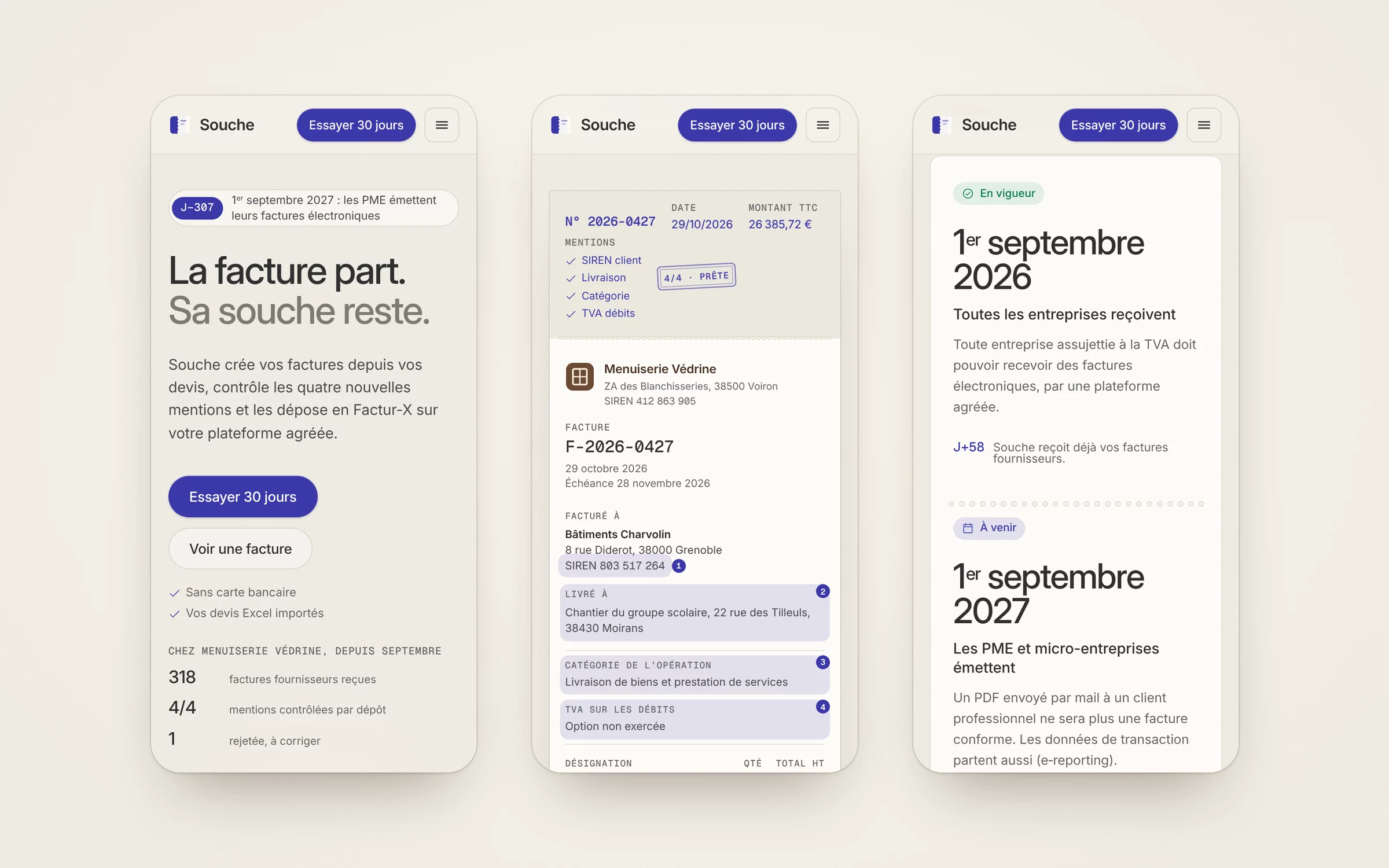 La page de Souche sur trois écrans de téléphone : le premier écran et son compte à rebours, la facture avec sa souche en bandeau au-dessus d'une ligne de perforation, et la réforme en deux dates séparées par une ligne de trous