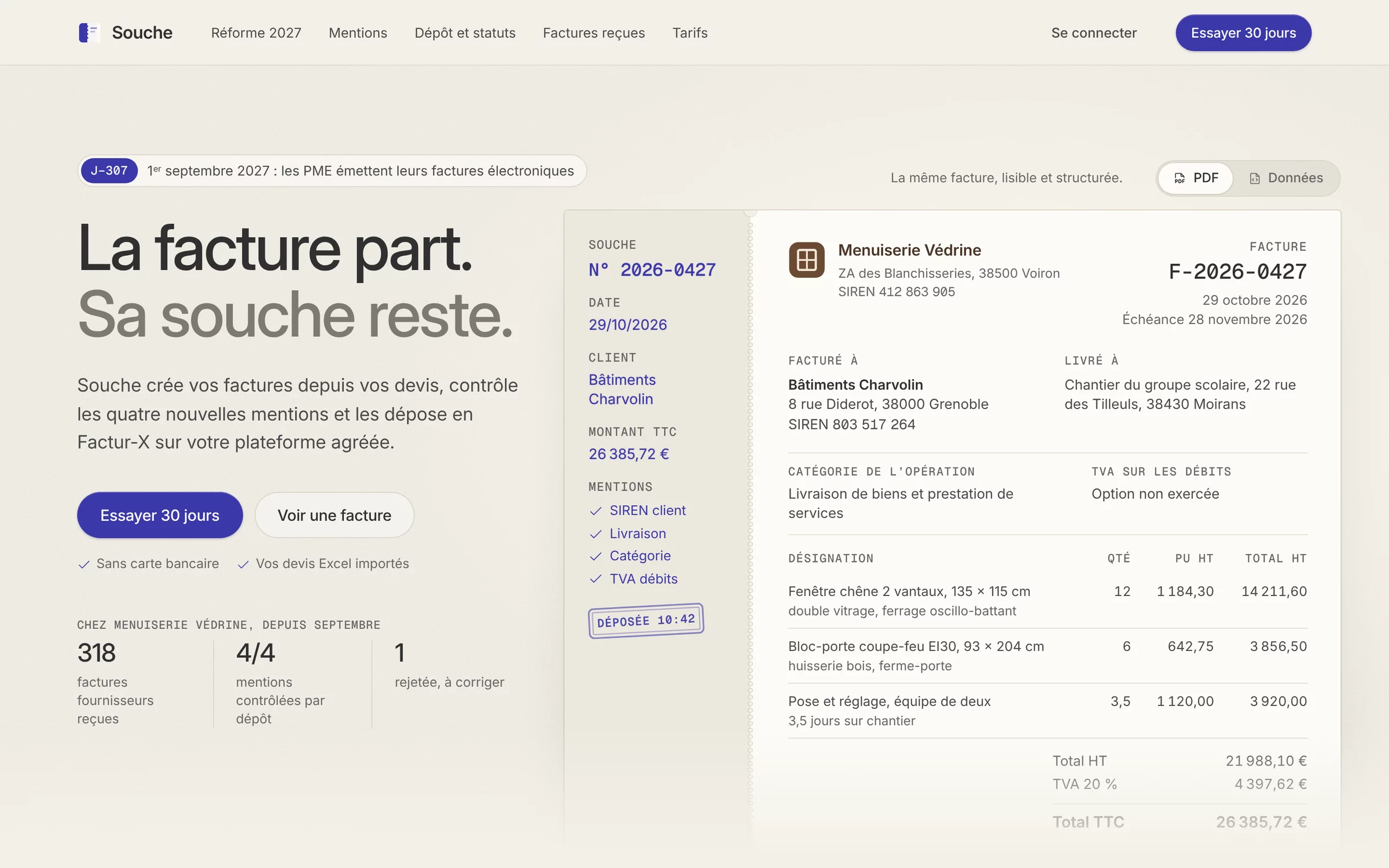 Le haut de la page de Souche : le titre « La facture part. Sa souche reste. », le compte à rebours J-307 jusqu'au 1er septembre 2027, et la facture F-2026-0427 avec sa souche, ses quatre mentions cochées et le tampon « Déposée 10:42 »