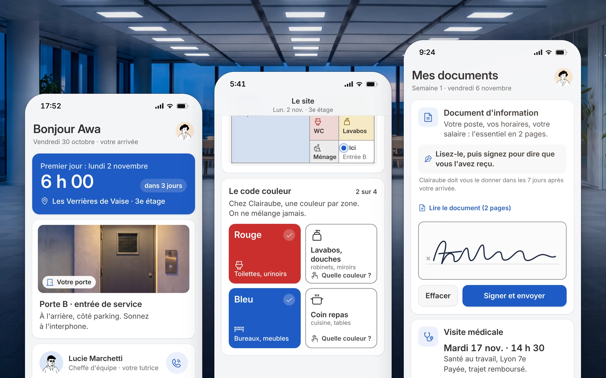 Trousseau en trois temps : vendredi, le premier jour lundi à 6 h avec la photo de la porte B et la tutrice ; lundi à 5 h 41, le plan de l'étage et le code couleur ; vendredi suivant, le document d'information à signer et la visite médicale