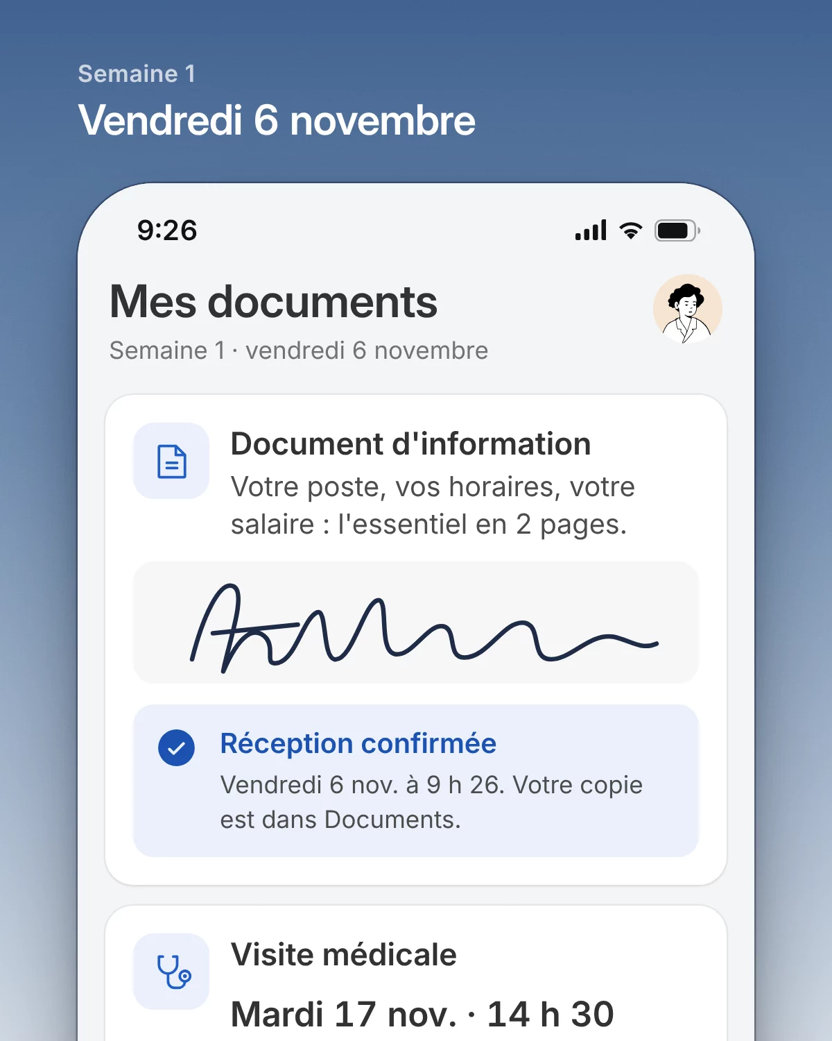 Vendredi 6 novembre, fin de la première semaine : le document d'information signé au doigt, réception confirmée à 9 h 26, et la visite médicale du mardi 17 novembre à 14 h 30