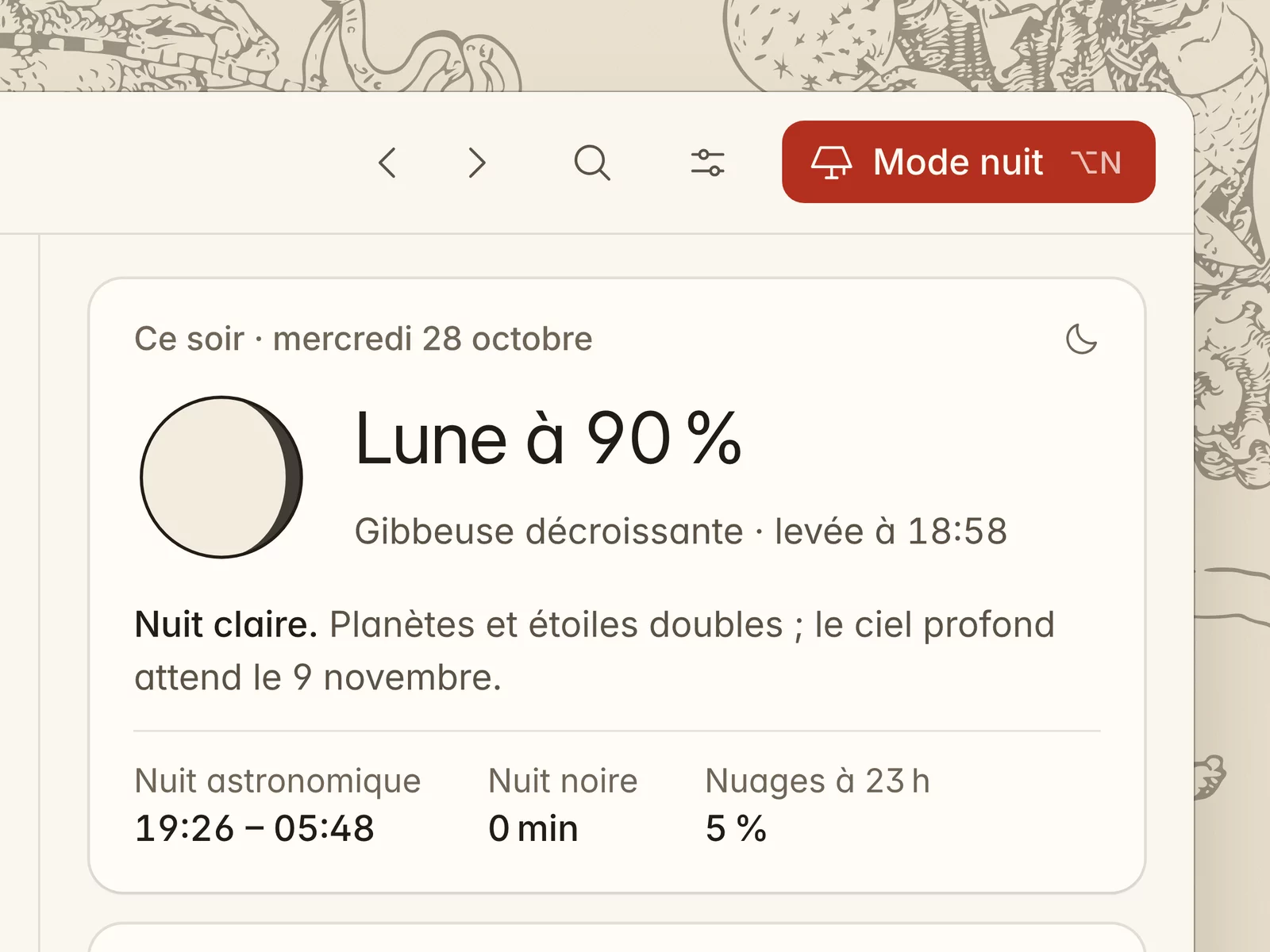 La Lune éclairée à 90 %, en mode jour