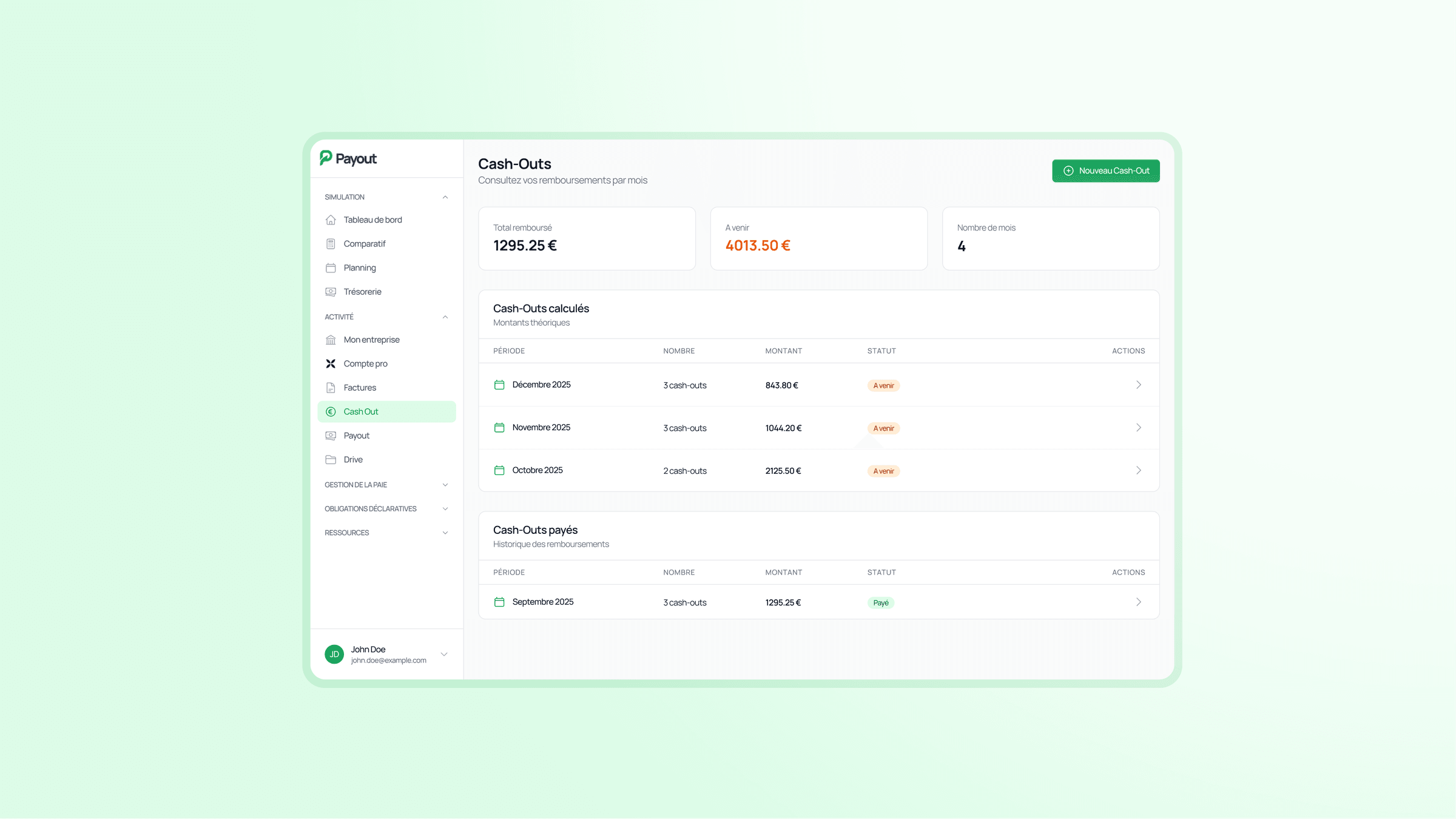 Un écran de la web app Payout