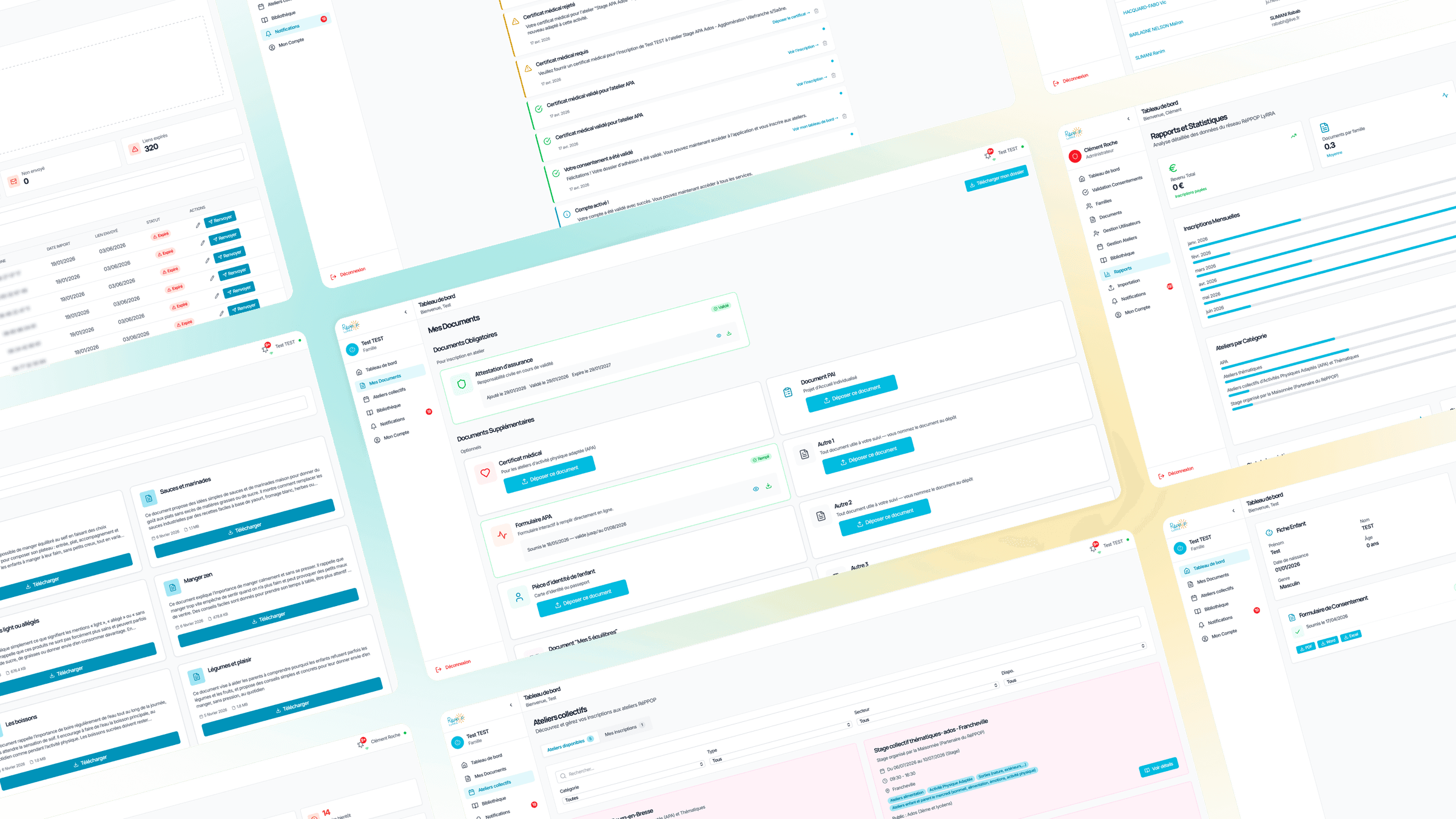 Les écrans de la plateforme du RéPPOP LyRRA : ateliers, documents et tableau de bord